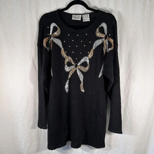 Kathie Lee Sweater Women's Large Black Knit Sequin Bows